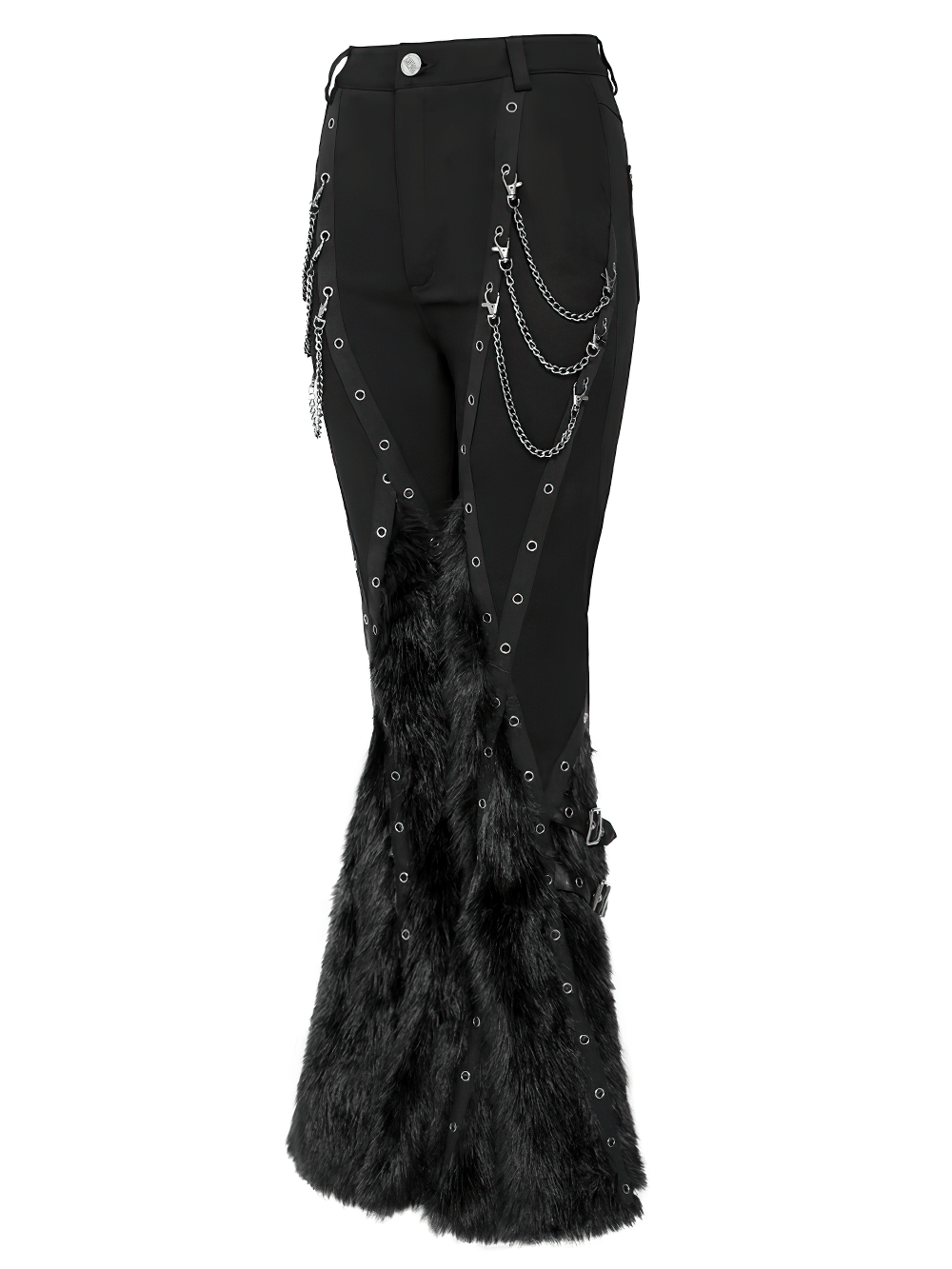 Stylish Punk Faux Fur Flared Pants with Side Chains black gothic bell bottoms with eyelets, buckles and faux fur legs