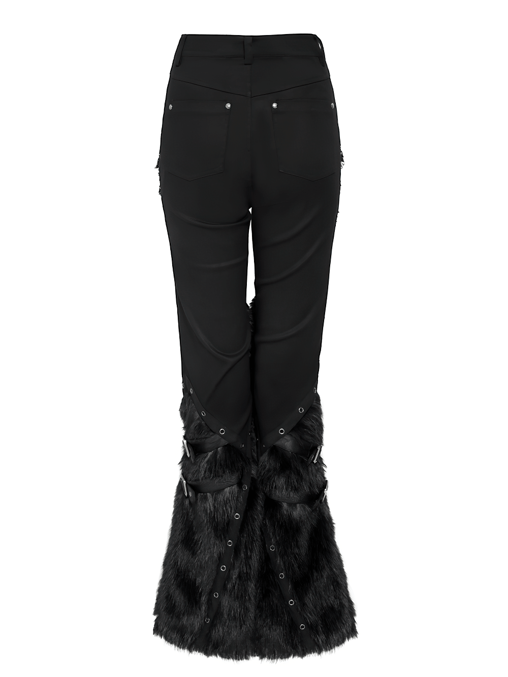 Stylish Punk Faux Fur Flared Pants with Side Chains, black gothic bell bottoms with eyelets and shaggy faux fur legs