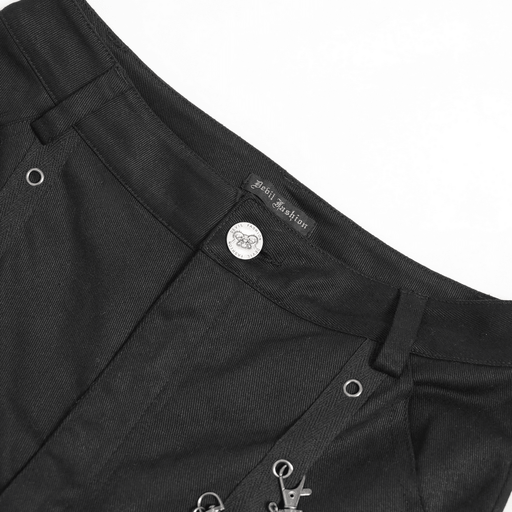 Stylish Punk Faux Fur Flared Pants with Side Chains black gothic trousers with eyelets and industrial grunge details