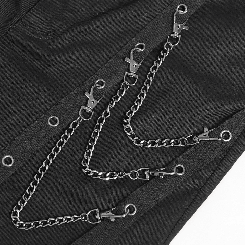 Stylish Punk Faux Fur Flared Pants with Side Chains black gothic trousers with eyelets and silver-tone chain details