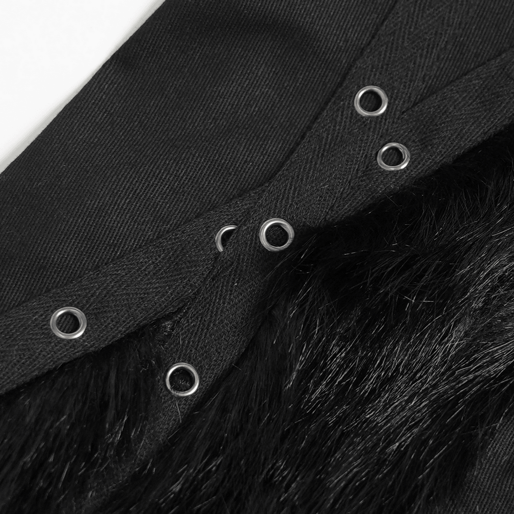 Stylish Punk Faux Fur Flared Pants with Side Chains, black gothic eyelet-trimmed faux fur bell bottoms with silver rings