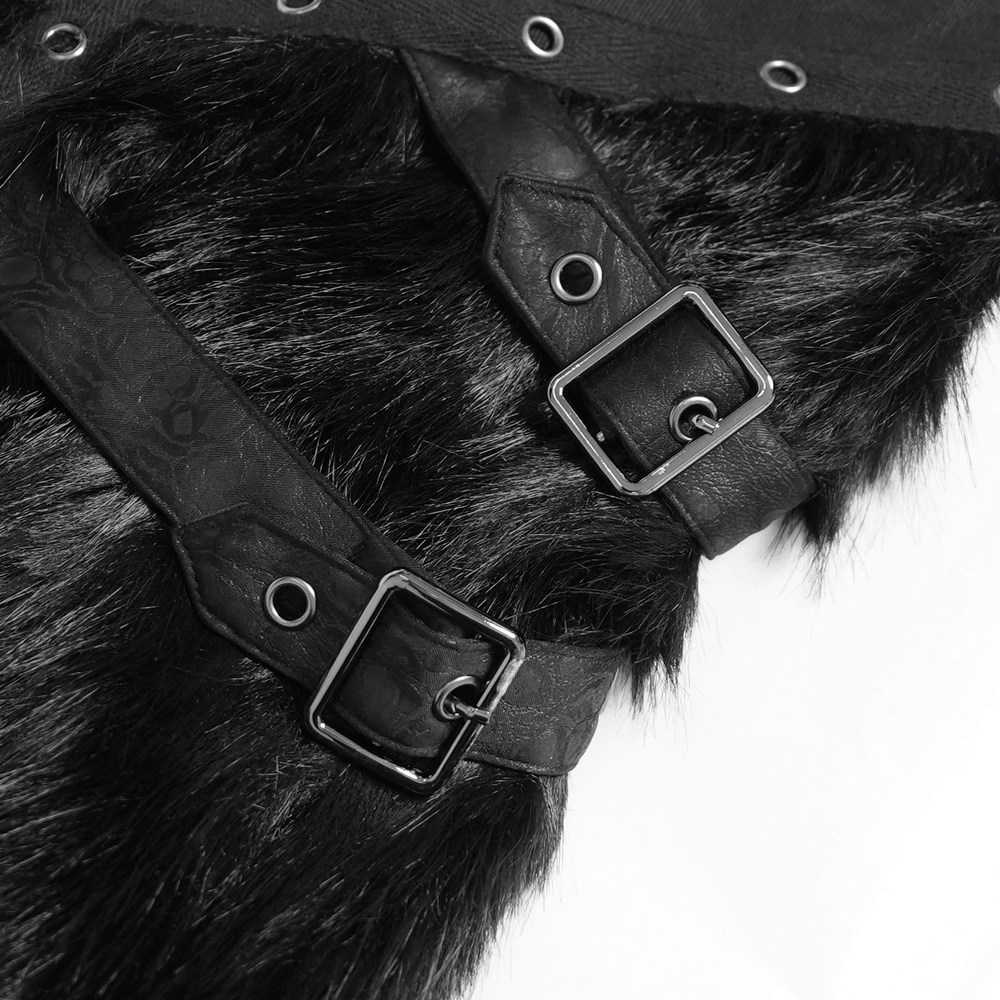 Stylish Punk Faux Fur Flared Pants with Side Chains black faux fur bell bottoms with eyelet straps and silver buckles