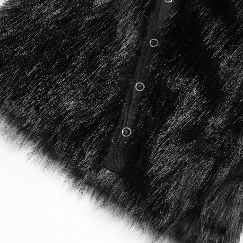 Stylish Punk Faux Fur Flared Pants with Side Chains, black gothic faux fur leg detail with eyelets and grunge texture