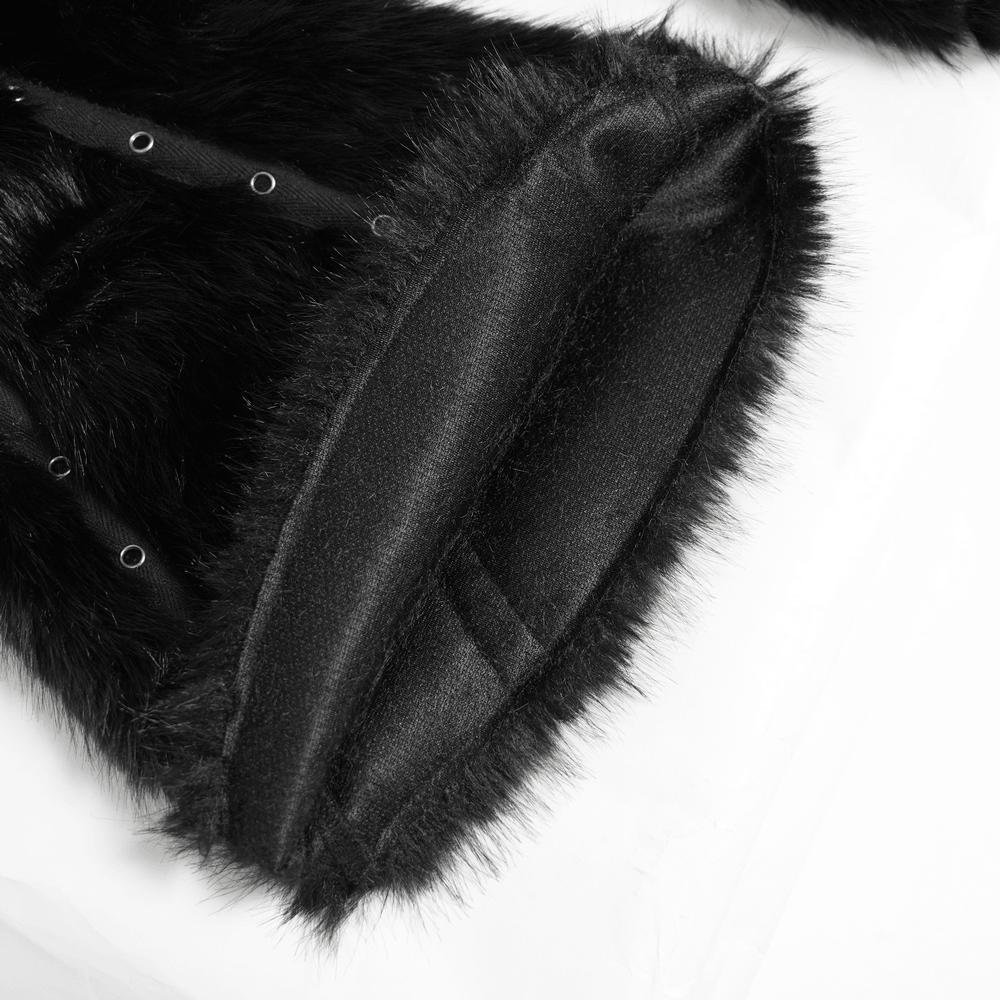 Stylish Punk Faux Fur Flared Pants with Side Chains, black gothic bell bottoms with eyelets and faux fur trim