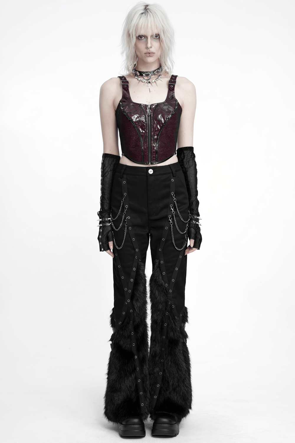 Stylish Punk Faux Fur Flared Pants with Side Chains, black gothic bell-bottom trousers with eyelets and faux fur legs