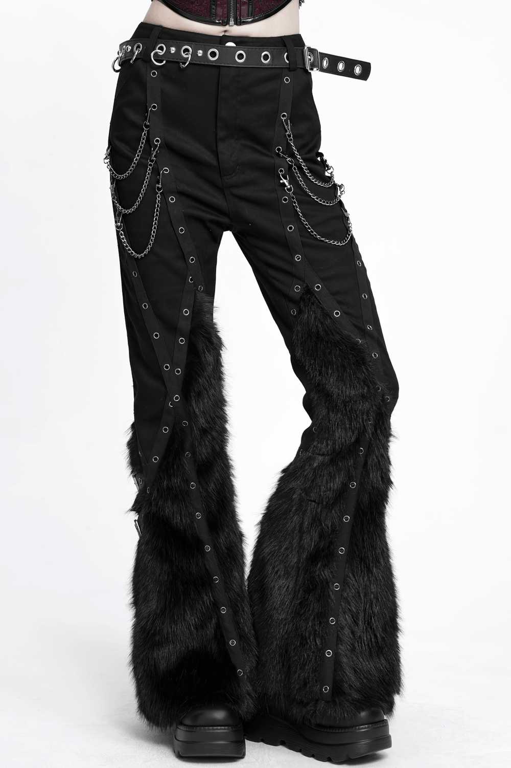 Stylish Punk Faux Fur Flared Pants with Side Chains, black goth bell bottoms with eyelets, chains, and shaggy faux fur