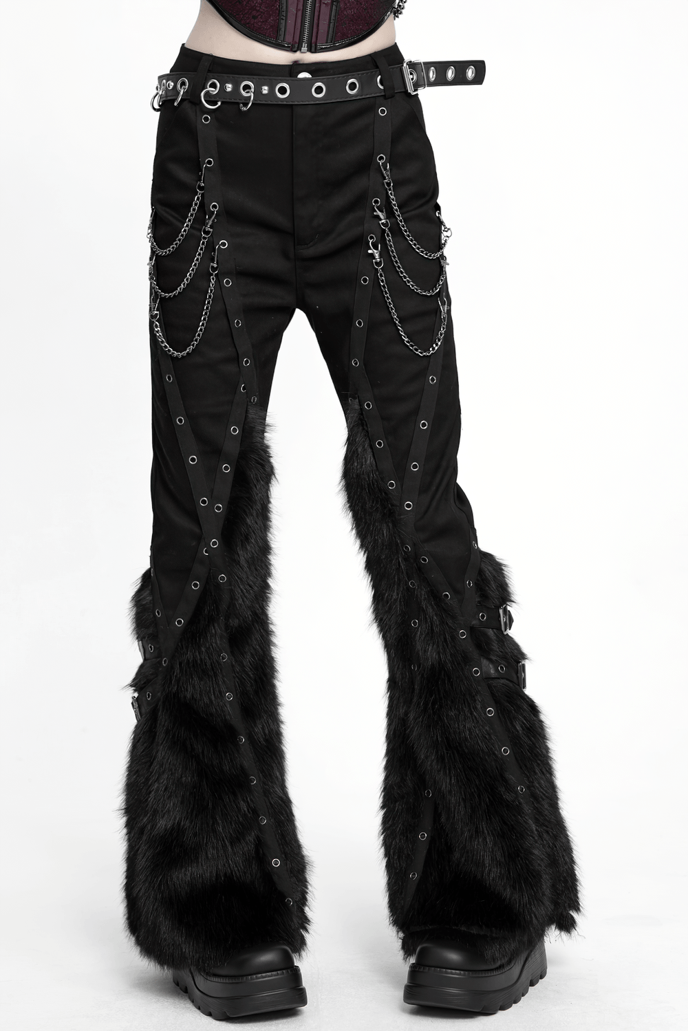 Stylish Punk Faux Fur Flared Pants with Side Chains, black gothic trousers with eyelets, straps and silver chains