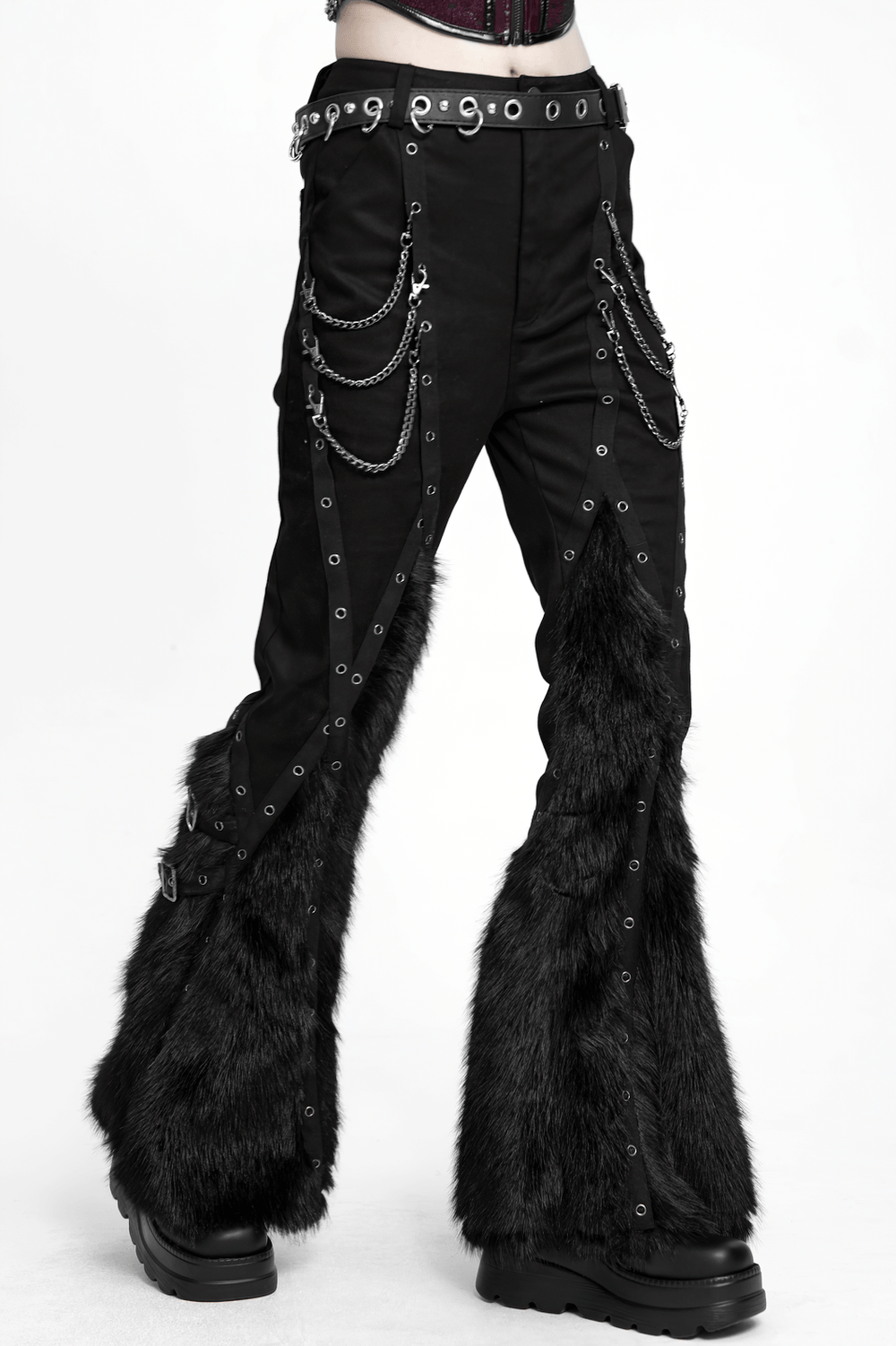 Stylish Punk Faux Fur Flared Pants with Side Chains black gothic trousers with eyelets, buckle straps, and dramatic faux fur bell bottoms
