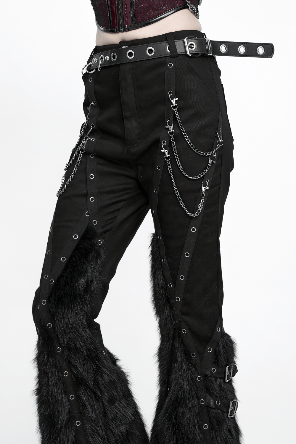 Stylish Punk Faux Fur Flared Pants with Side Chains, gothic black bell bottoms with eyelets and silver chains