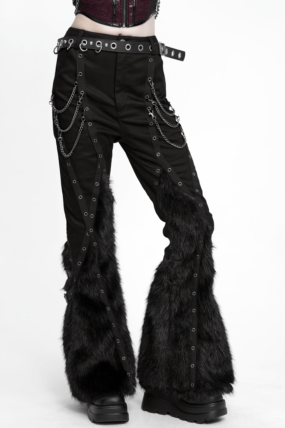 Stylish Punk Faux Fur Flared Pants with Side Chains, black gothic bell bottoms with eyelets and silver chain details