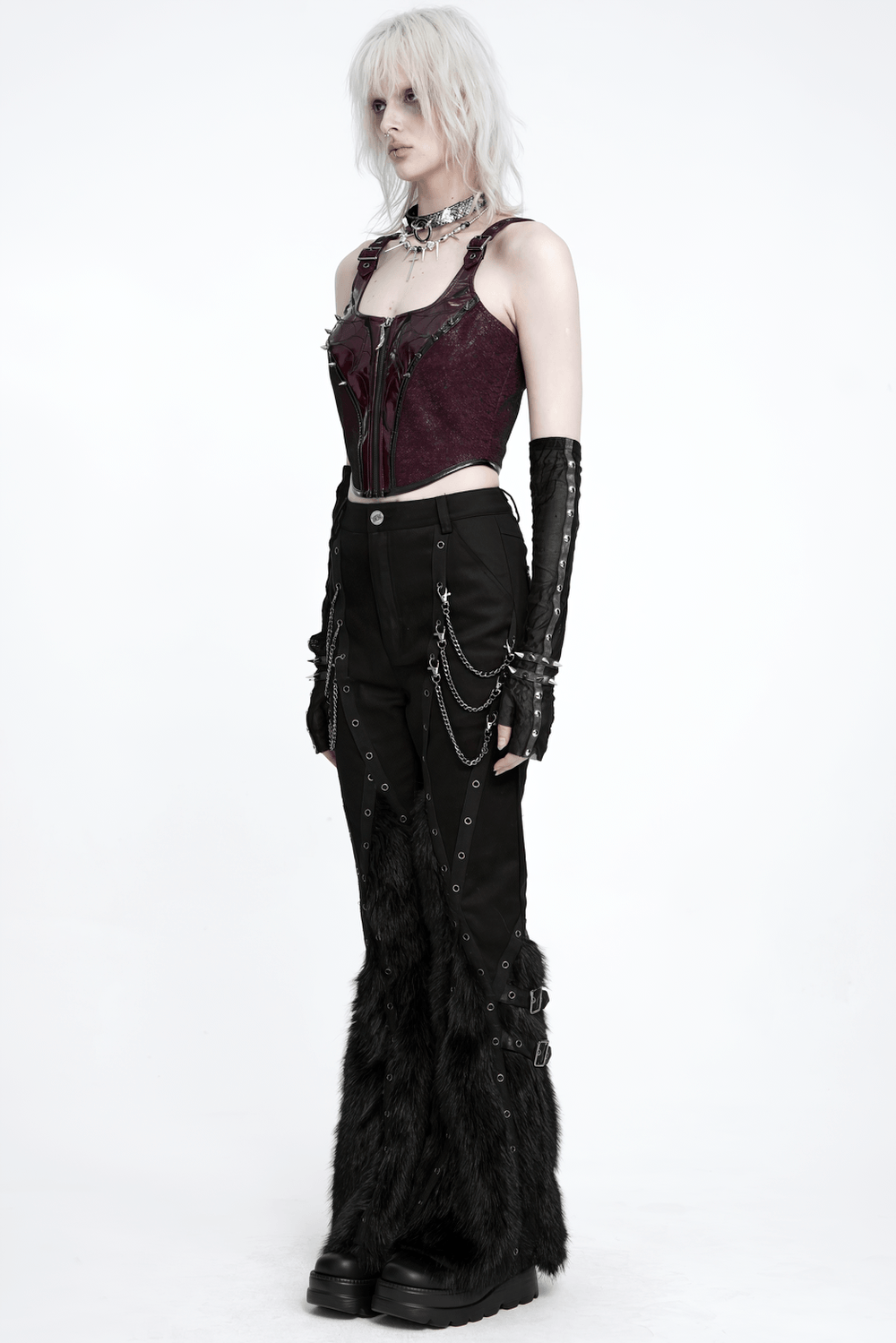 Stylish Punk Faux Fur Flared Pants with Side Chains, black gothic bell bottoms with eyelets, chains, and fur flare