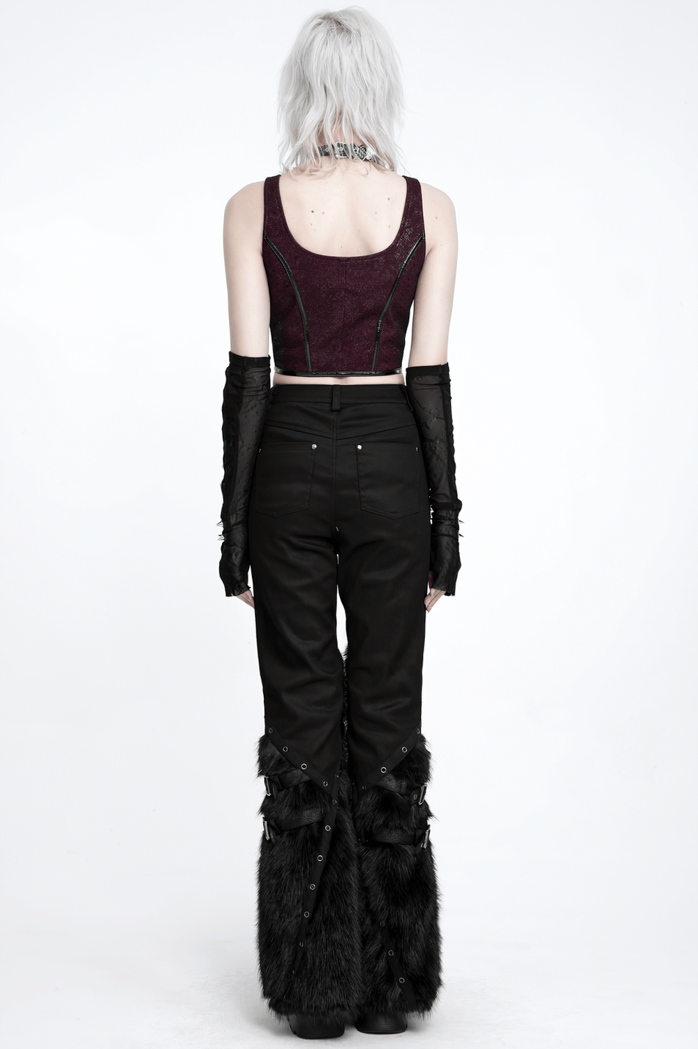 Stylish Punk Faux Fur Flared Pants with Side Chains, black gothic industrial bell bottoms with eyelets and shaggy faux fur legs