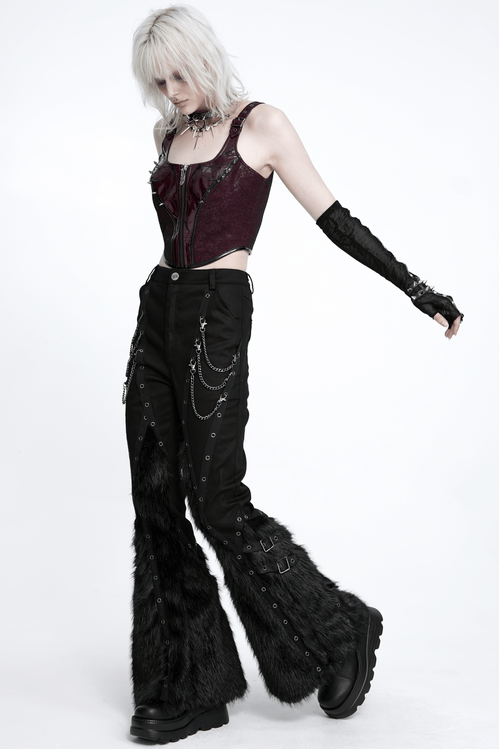 Stylish Punk Faux Fur Flared Pants with Side Chains, black gothic bell-bottom trousers with eyelets and shaggy faux fur legs