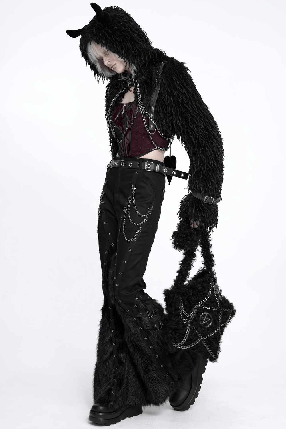 Stylish Punk Faux Fur Flared Pants with Side Chains black gothic bell-bottom trousers with eyelets and faux fur flare
