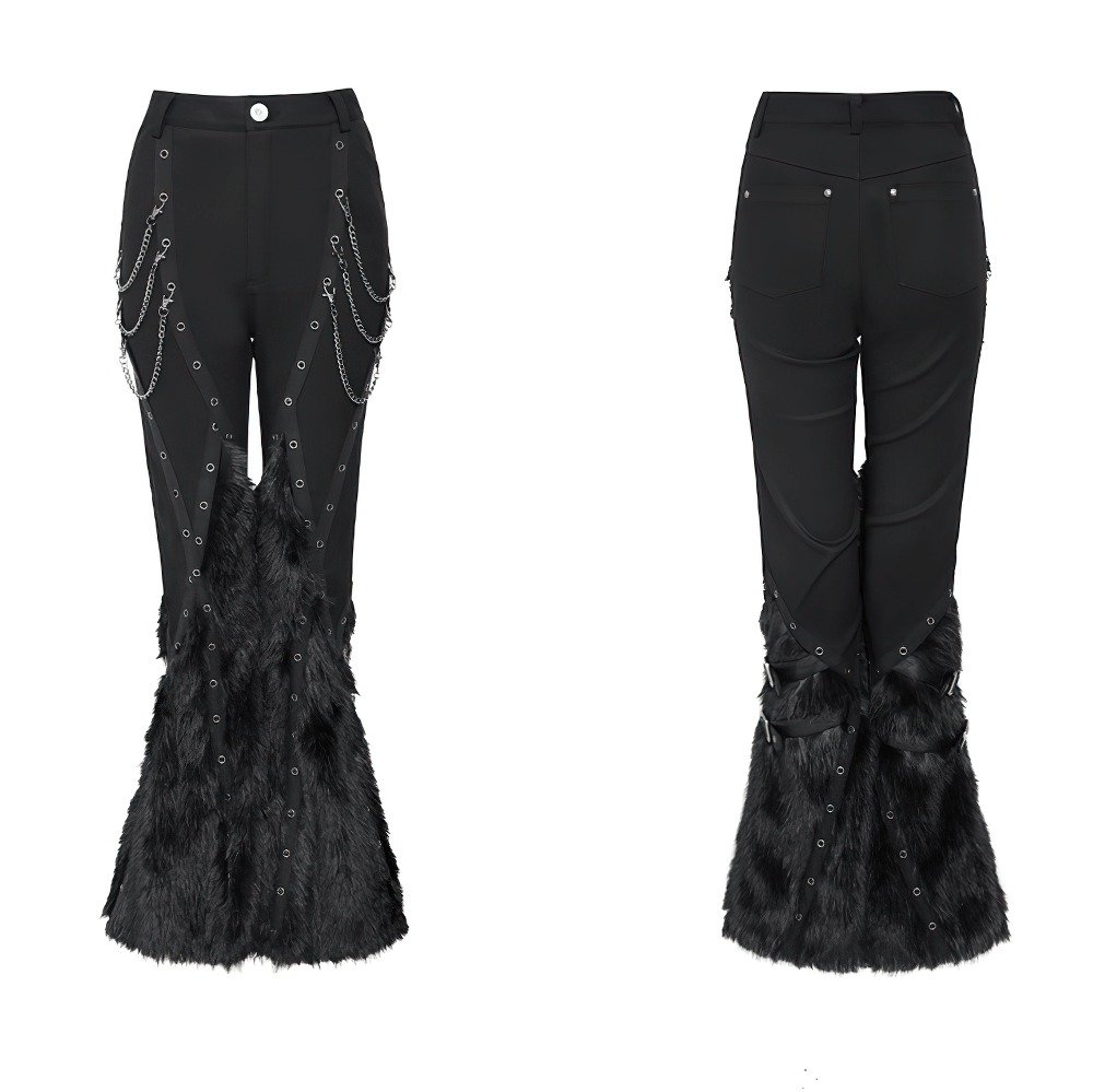 Stylish Punk Faux Fur Flared Pants with Side Chains, black gothic bell bottoms with eyelets, chains and faux fur hems