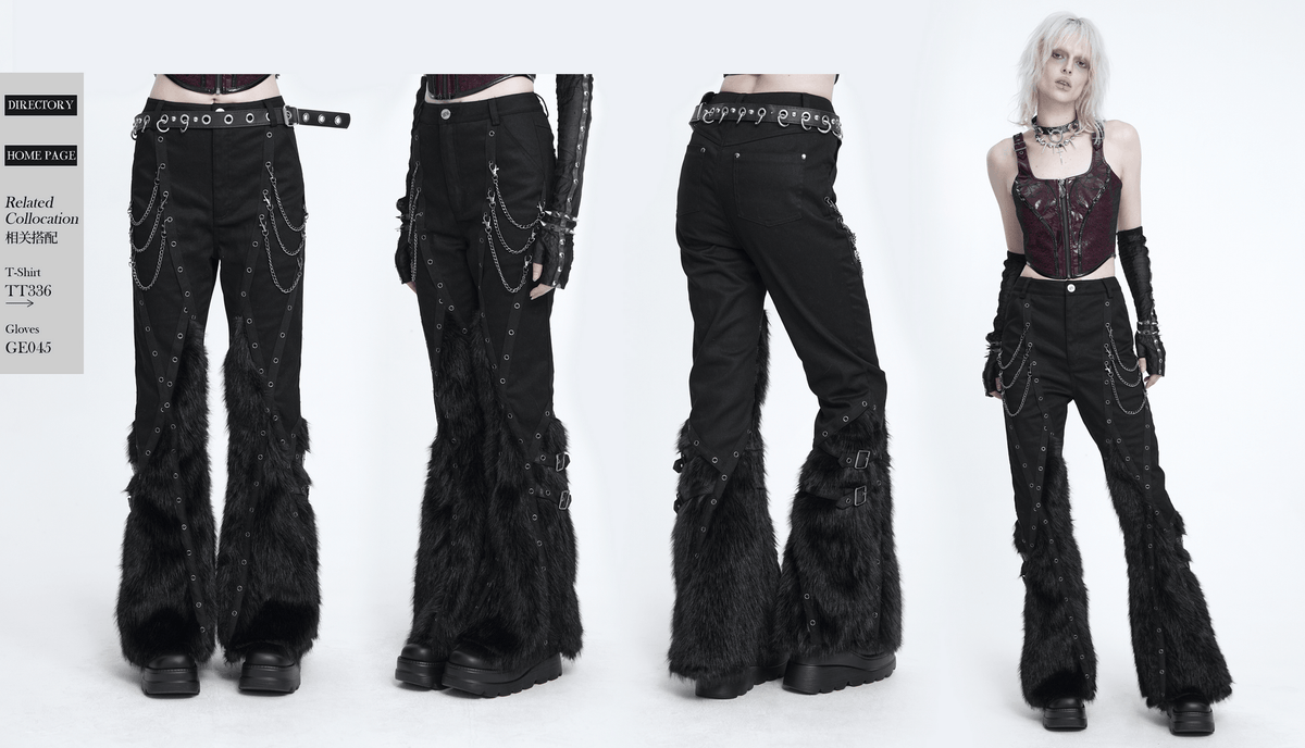 Stylish Punk Faux Fur Flared Pants with Side Chains, black gothic bell bottoms with eyelets and silver hardware