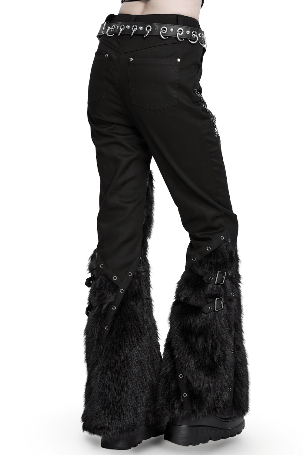 Stylish Punk Faux Fur Flared Pants with Side Chains black gothic bell bottoms with faux fur legs, eyelets, and buckles