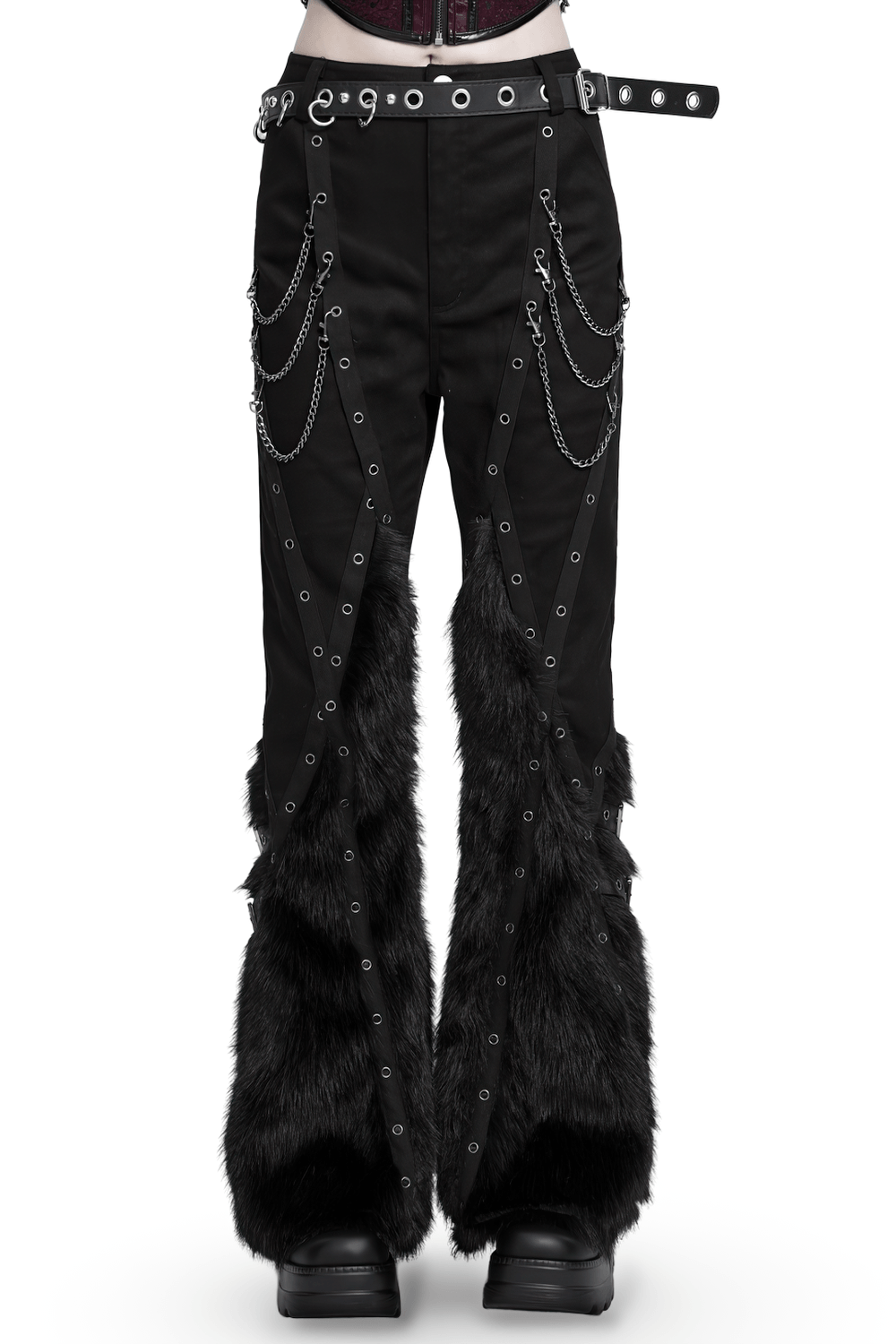 Stylish Punk Faux Fur Flared Pants with Side Chains black gothic trousers with eyelets, buckle straps and faux fur bell bottoms