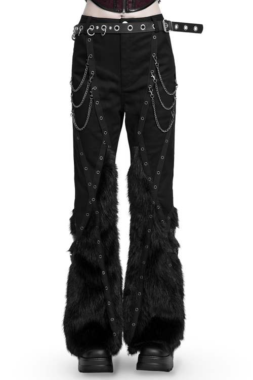 Stylish Punk Faux Fur Flared Pants with Side Chains