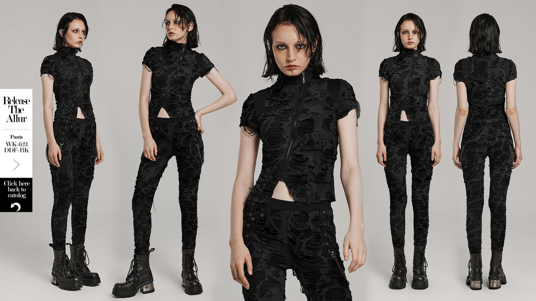 Stylish black punk outfit featuring a cropped top and slim pants with floral texture for a bold rebellious look.
