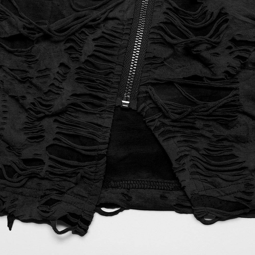 Close-up of stylish black ripped t-shirt with zipper detail, embodying punk fashion vibes and a rebellious aesthetic.