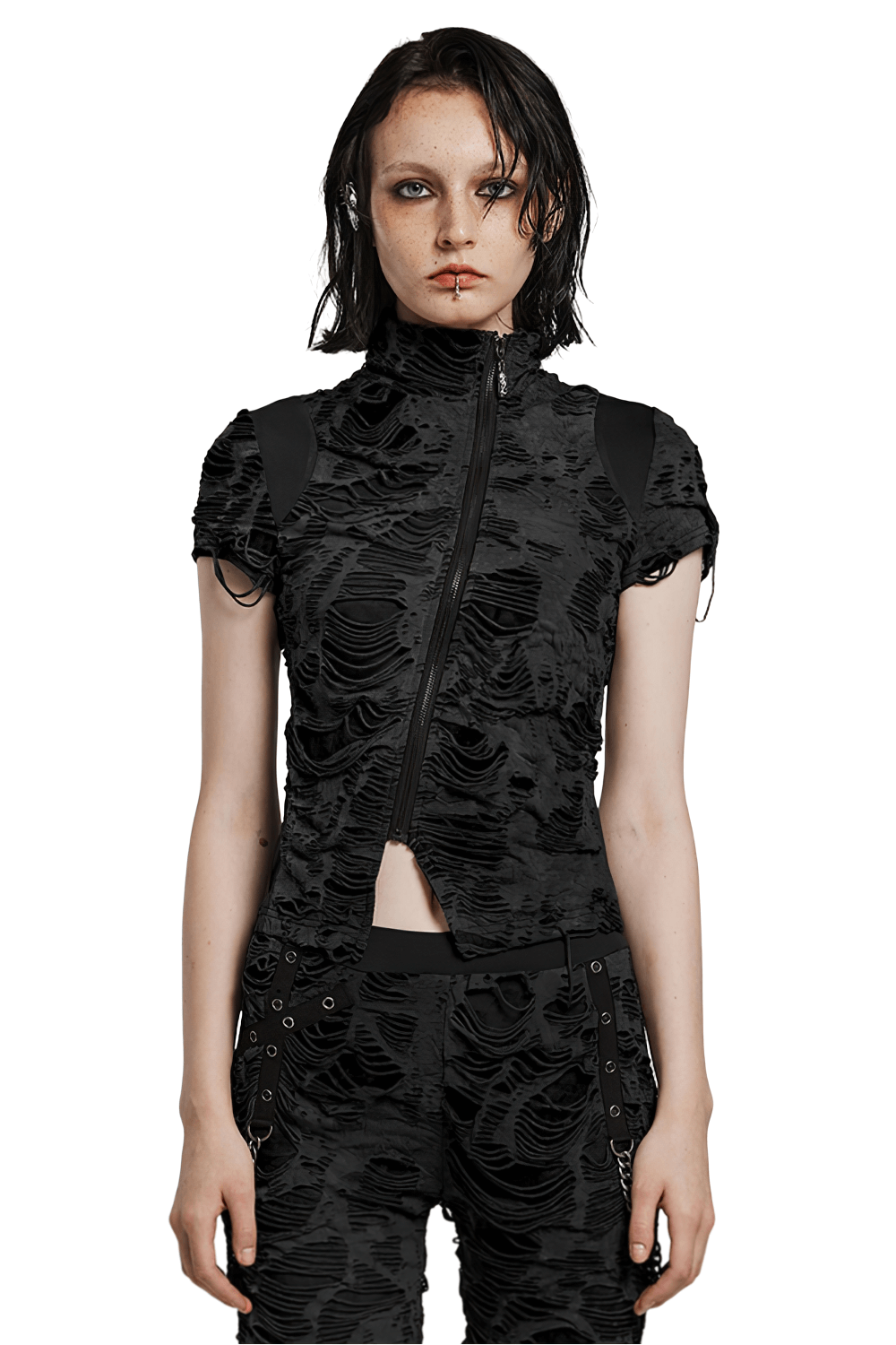 Stylish punk female in a black distressed zip-up top with unique texture and edgy design.