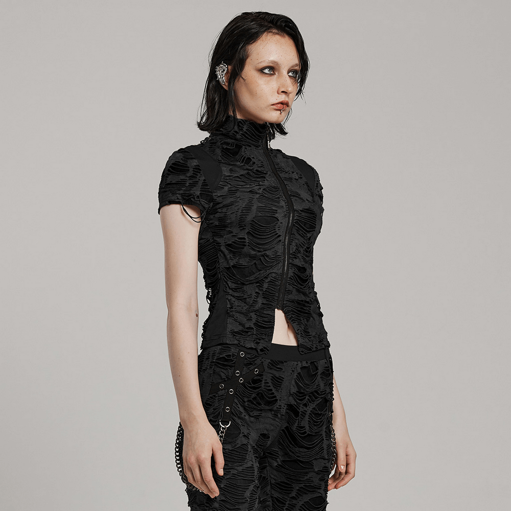 Stylish black zippered punk t-shirt with a slim fit and textured design, perfect for rebellious fashion statements.