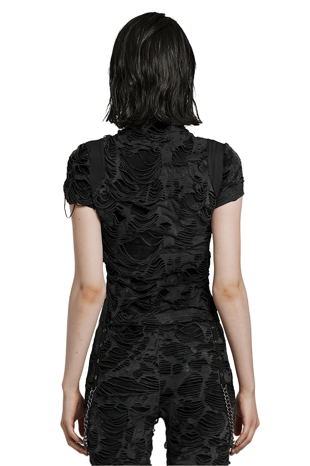 Back view of a stylish punk female wearing a black ripped t-shirt with a distressed texture and unique design.