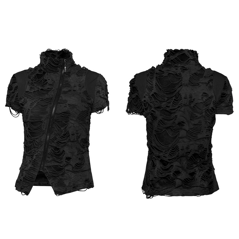 Stylish punk black ripped t-shirt featuring a unique cross-cut zipper design and a distressed texture.