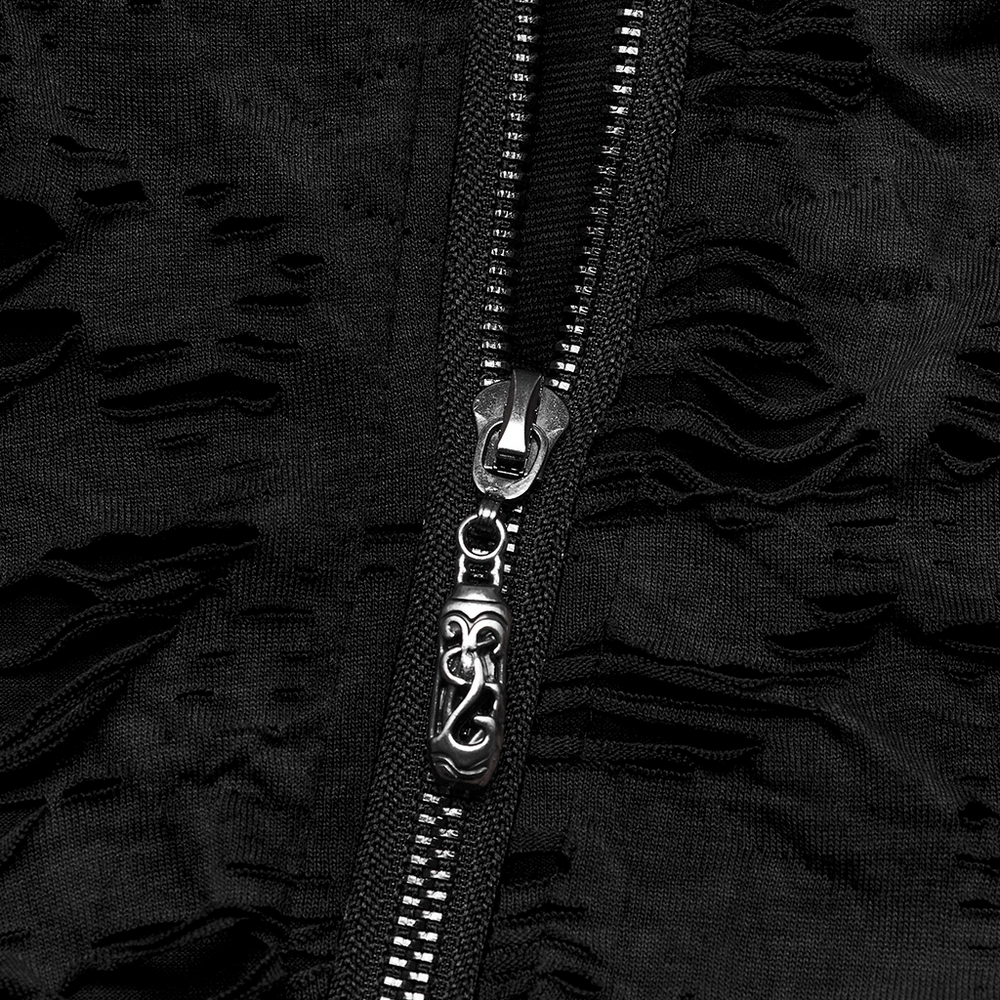 Close-up of a stylish black ripped t-shirt zipper detail, showcasing punk aesthetic with unique design elements.