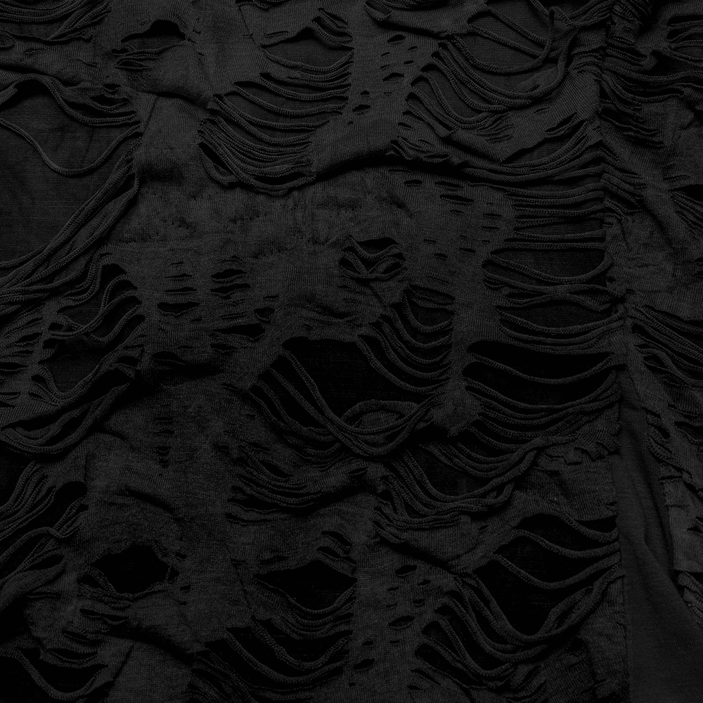 Distressed black fabric with multiple ripped and tattered sections, showcasing punk rock aesthetic for stylish outfits.