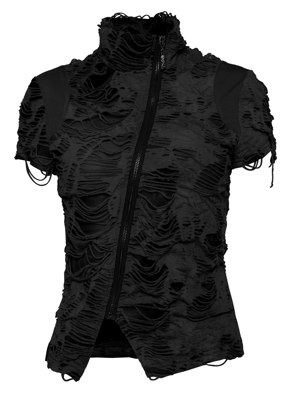 Stylish punk black ripped t-shirt with cross-cut zipper design and tattered texture for rebellious fashion.