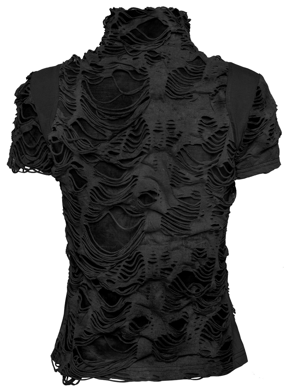 Stylish black ripped t-shirt with a unique distressed design, perfect for punk rock fashion enthusiasts.