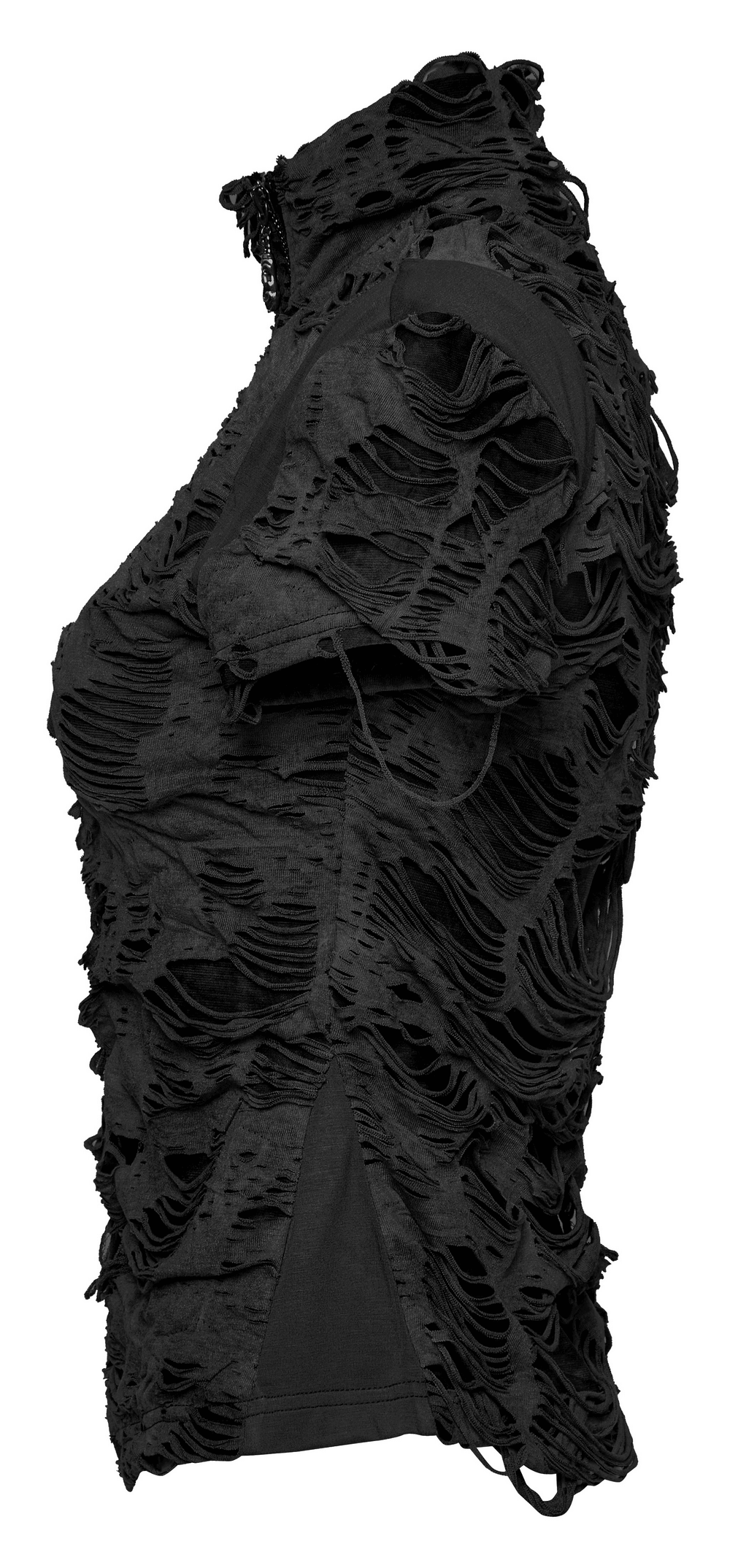 Stylish black ripped punk t-shirt with unique texture and design, perfect for rebellious fashion statements.