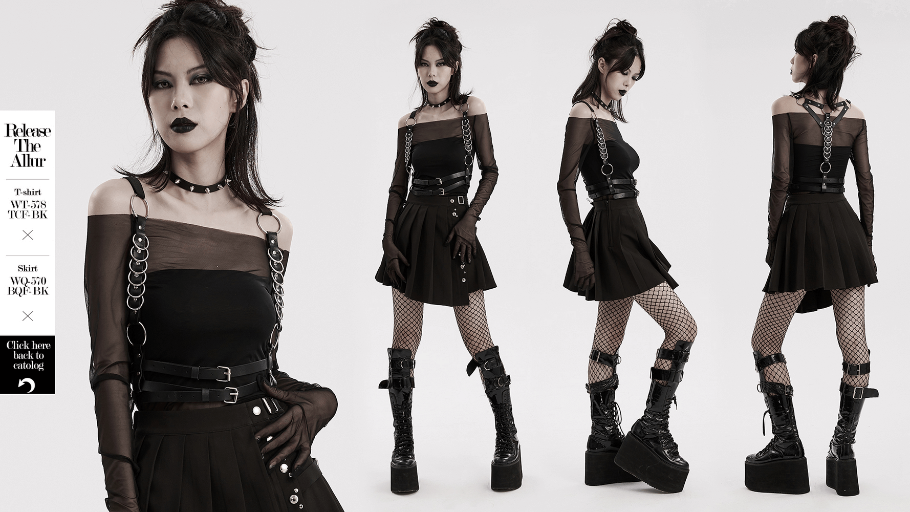 Model wearing edgy punk harness with metal rings and black skirt ensemble, featuring adjustable straps and durable design.
