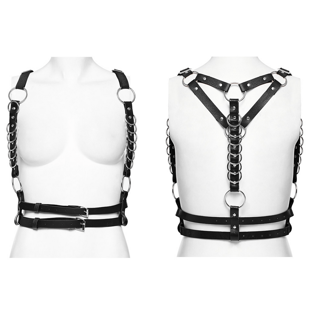 Stylish punk harness with metal rings, adjustable straps, and double shoulder design for an edgy, durable look.