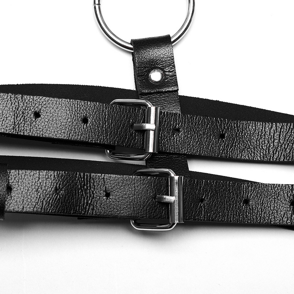 Stylish punk harness with metal rings and adjustable straps, showcasing edgy artificial leather design and durable buckles.