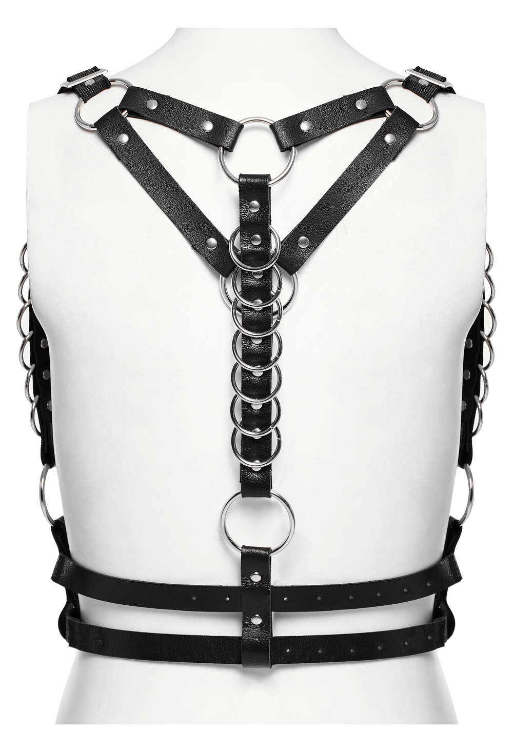 Stylish punk harness with metal rings and adjustable straps, featuring durable artificial leather and double shoulder straps.