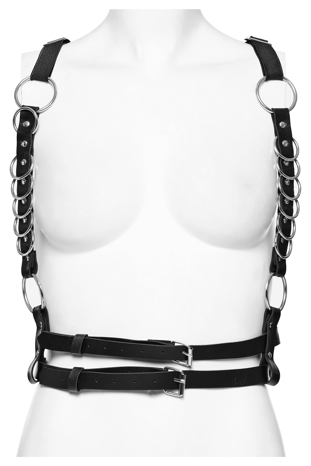 Stylish punk harness with metal rings and adjustable straps on mannequin, showcasing edgy artificial leather design.