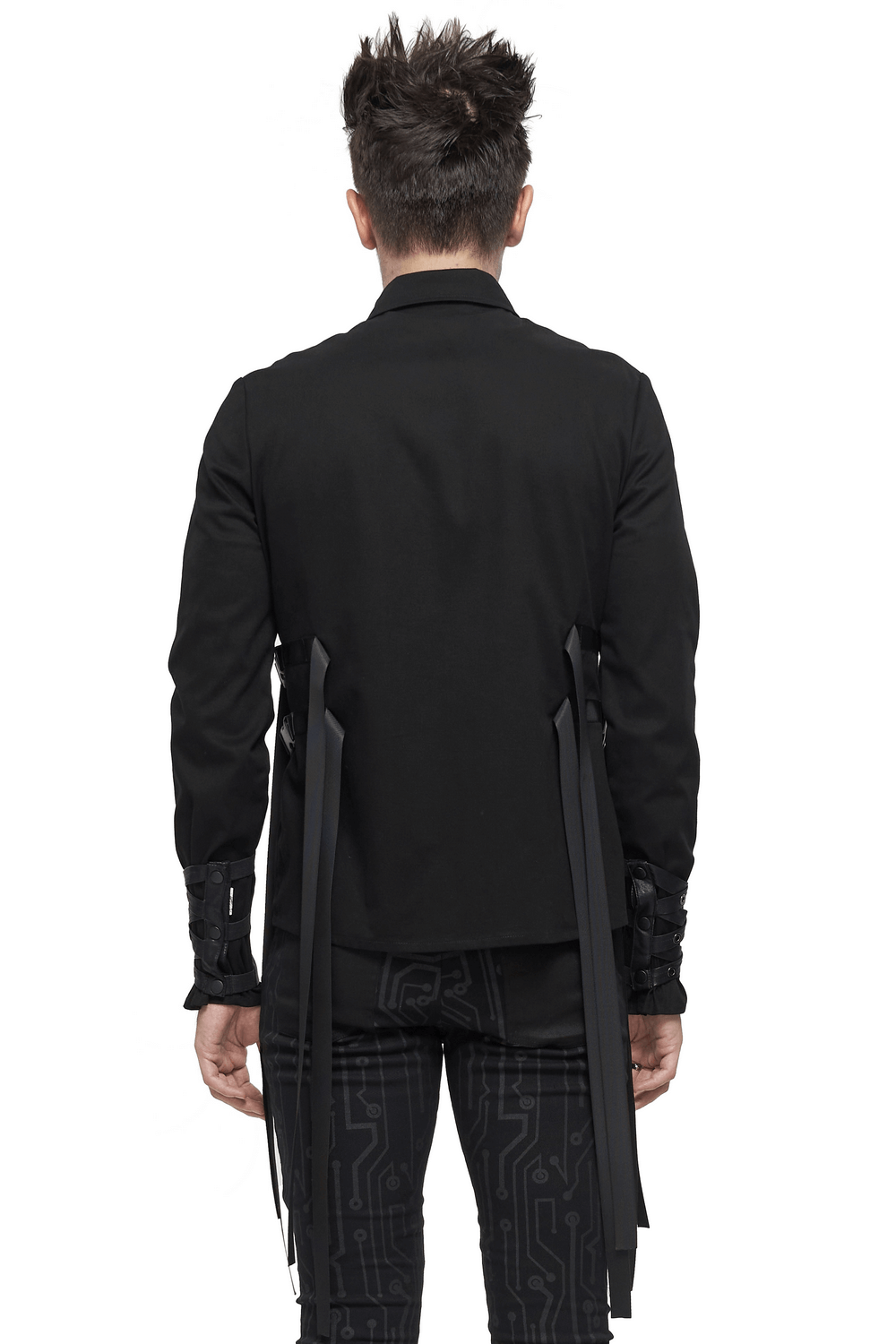 Stylish men's black long sleeve punk shirt with unique nylon straps and buckles on the back.