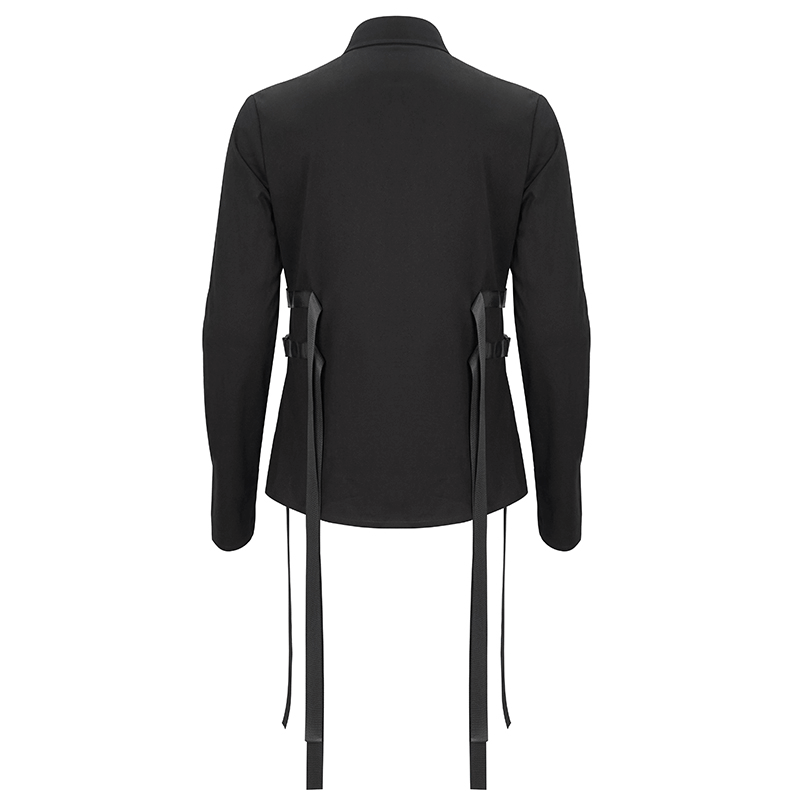 Back view of a stylish black long sleeve shirt for men featuring nylon straps and buckles, perfect for punk fashion.