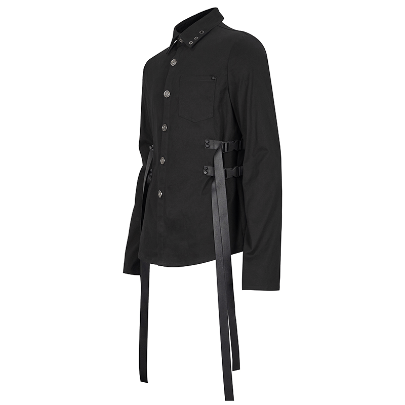 Stylish black punk long sleeve shirt for men featuring nylon straps and buckles for a unique look.