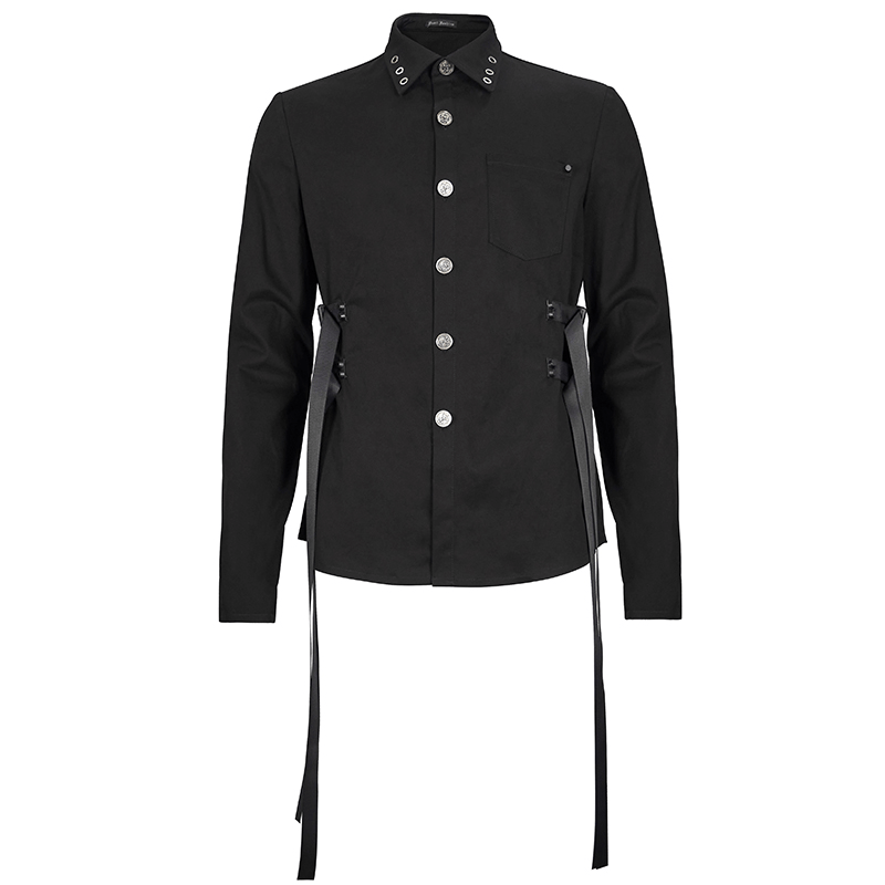 Stylish men's black punk long sleeve shirt with nylon straps and buckles on both sides for a bold look.