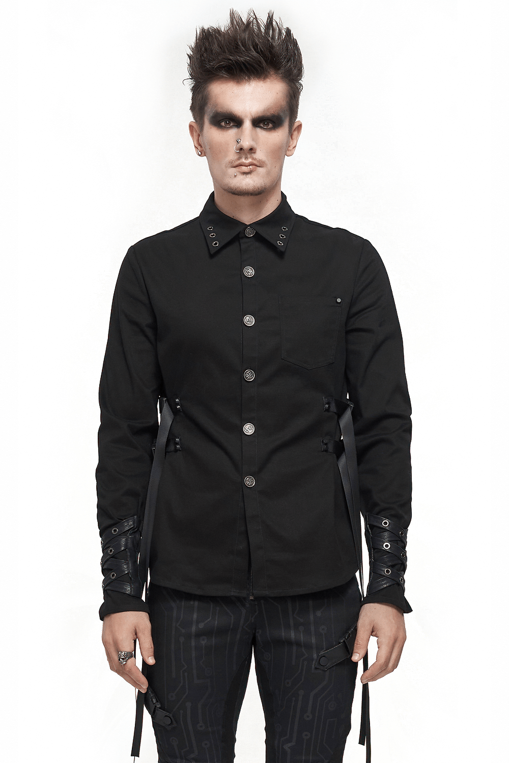 Stylish men's punk long sleeve black shirt with nylon straps and buckles, perfect for fashion-forward looks.
