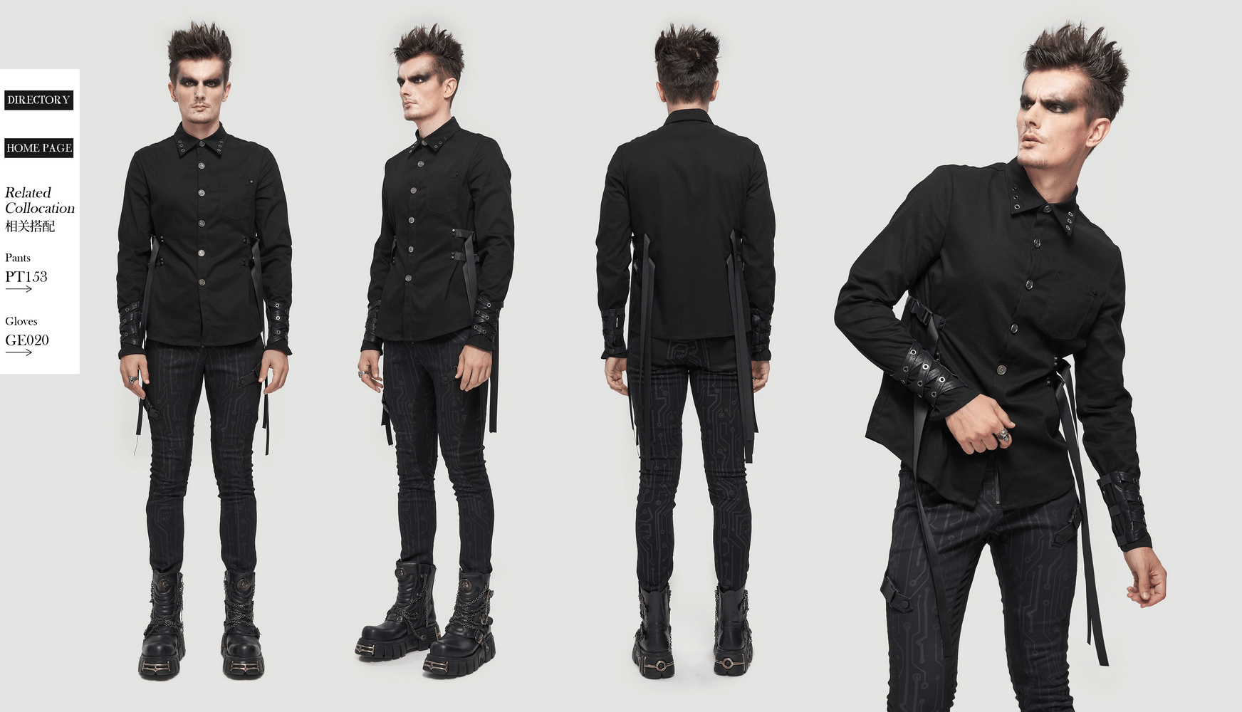 Stylish Punk Long Sleeve Shirt for Men / Male Black Shirts with Nylon Straps & Buckles on Both Sides - HARD'N'HEAVY