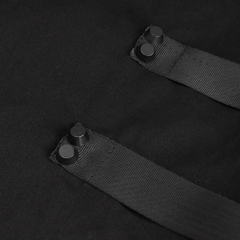 Close-up of black nylon straps and buckles on a stylish punk long sleeve shirt for men.