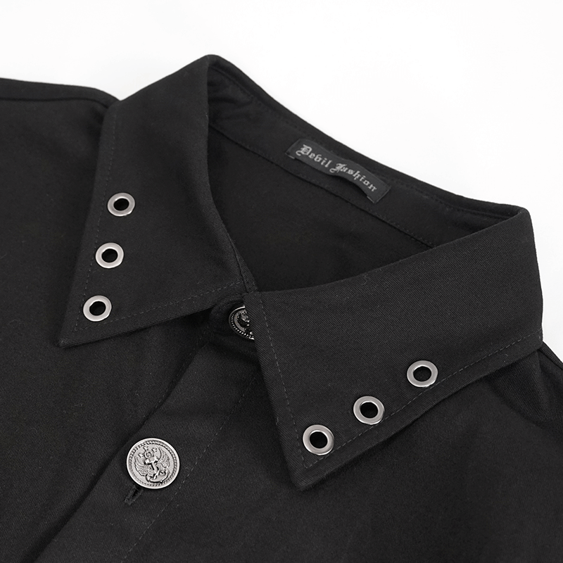 Close-up of a stylish black punk shirt collar with eyelets and a unique button detail.
