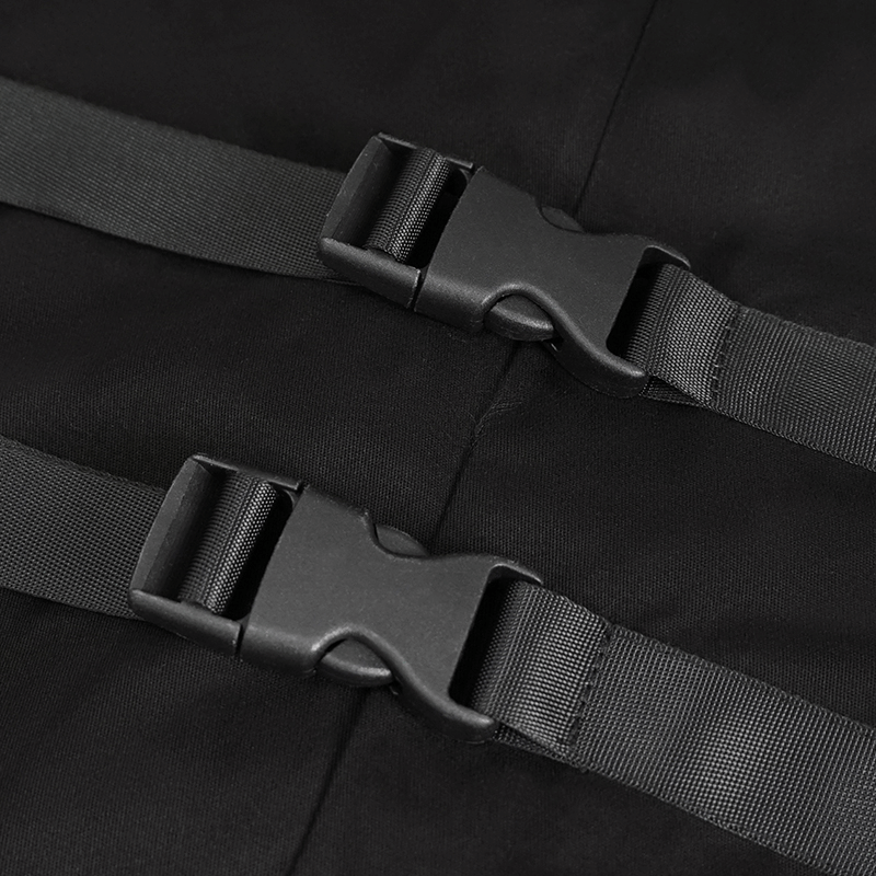 Close-up of black nylon straps and buckles on punk style men's long sleeve shirt.
