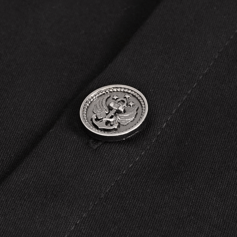 Close-up of a stylish silver button on a black punk long sleeve shirt for men, featuring intricate design details.