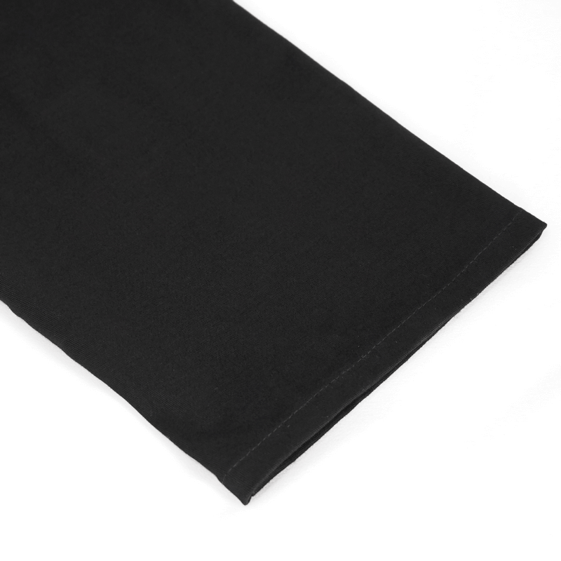 Close-up of the sleeve of a stylish black long sleeve shirt featuring a clean hem design.